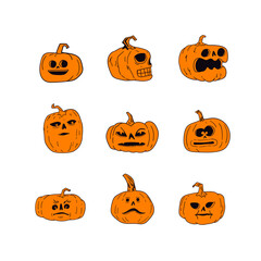 Halloween pumpkins with funny and spooky carved faces, hand drawn vector illustration