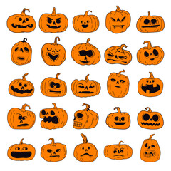 Halloween pumpkins with funny and spooky carved faces, hand drawn vector illustration