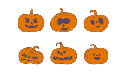 Halloween pumpkins with funny and spooky carved faces, hand drawn vector illustration