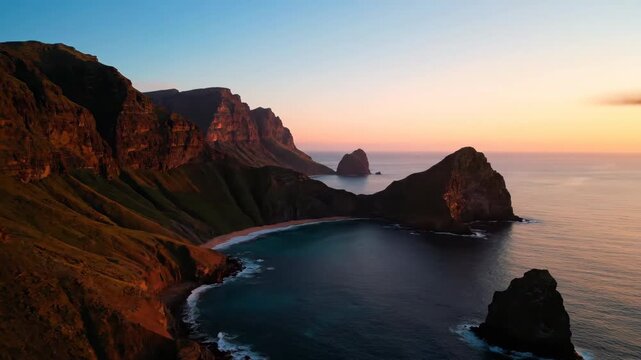 Drone flies along a dramatic mountainous island coastline, revealing coves and cliffs at sunset mountainous island, purple, scenic