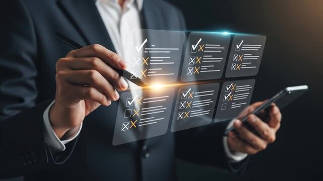 Professional businessman interactively managing digital checklist on futuristic interface, optimizing workflow and decision making for peak performance.