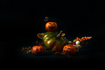 Festive Halloween still life with small pumpkins, jack-o'-lantern faces, autumn leaves, and berries on a dark background