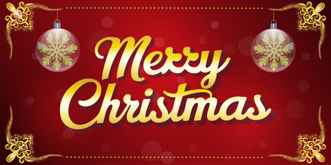 Luxurious Merry Christmas card design with golden text, ornaments, and snowflakes on a red festive background  perfect for holiday greetings and digital invitations.
