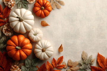 please make a mockup sized 1640 pixels x 856 pixels, themed autumn, pumpkins, white or orange background with pumpkins, fall leaves and enough room in the middle to have a title