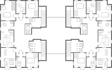 Architectural multi-unit residential floor plan, mirrored layout, apartment blueprint, interior design, furniture symbols, vector illustration, CAD drawing flat vector illustration