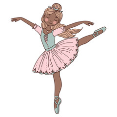 Elegant hand-drawn doodle illustration of a graceful ballerina dancing in a romantic tutu and delicate tiara. Soft lines and festive charm make it perfect for holiday cards and winter designs.