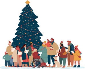 Group of people singing festive carols near decorated Christmas tree