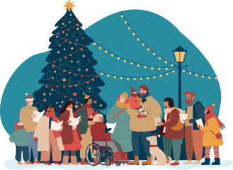 Group of people singing festive carols near decorated Christmas tree under snowy winter sky