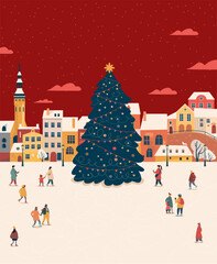 City square with Christmas tree and people skating on ice rink, vector poster template for holiday banner