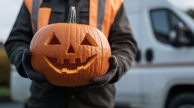 Person holding a carved pumpkin with a smiling face, celebrating Halloween, with a vehicle in the background