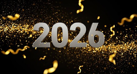 New Year 2026 with Golden Confetti and Sparkles on Black