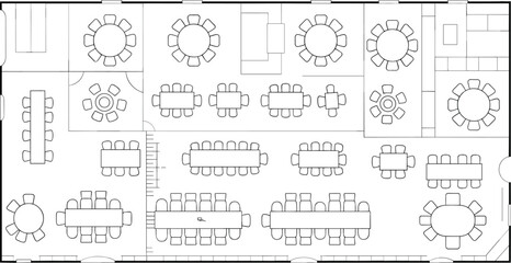 Office layout plan, collaborative workspace design, lounge and meeting zones, CAD drawing, black and white vector architectural illustration