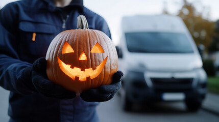 Person holding a glowing jack-o'-lantern, a Halloween pumpkin carving. Warm light emanates from the festive symbol, set against a blurred suburban backdrop.