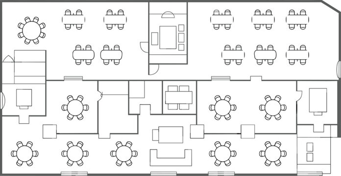 Office floor plan, workspace layout, meeting room design, lounge area vector, CAD drawing, black and white architectural illustration