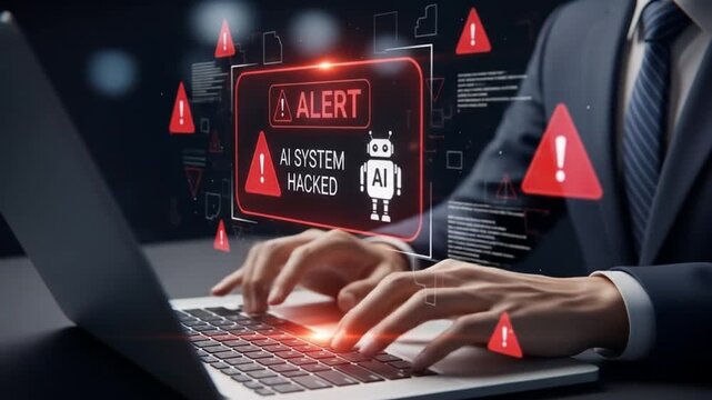 Urgent alert displays AI system hacked with red warning icons flashing around a businessman typing on a laptop in a modern office setting