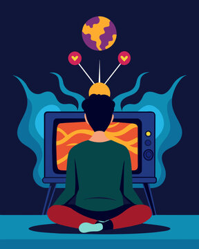 A person sitting in front of a television screen mesmerized by the subliminal messages and mindaltering content.. Vector illustration