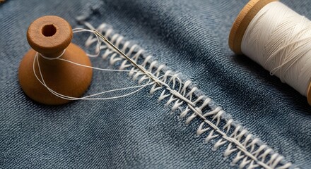 Closeup of denim being mended with needle, thread, and thimble. Focus on sustainable fashion, repair, and DIY alterations. Captures the texture and detail.