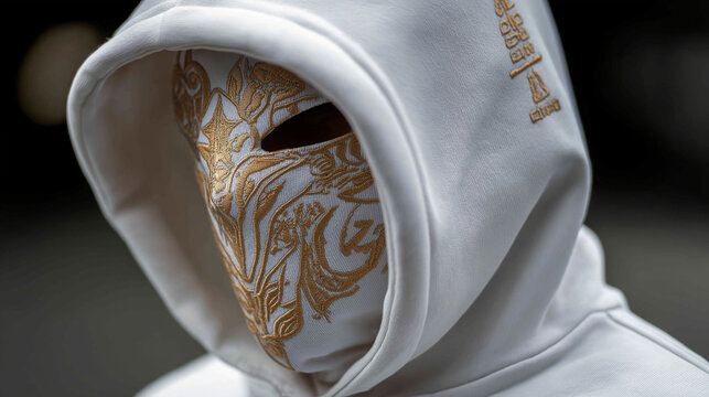 Person in wei&szlig;em Hoodie mit goldenem Stickerei-Design und Kapuze