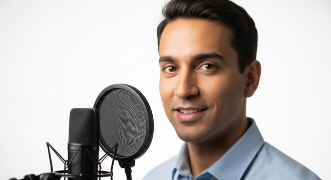Voice Recording Professional: A charismatic individual, radiates confidence in a soundproof studio, set before a professional microphone, poised to deliver a captivating performance.