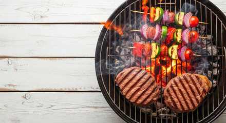 A perfectly grilled T-bone steak with colorful fruit skewers on a barbecue grill, a unique combination perfect for summer cookout events