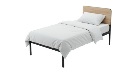 Single bed with white bedding and wooden headboard isolated on transparent background