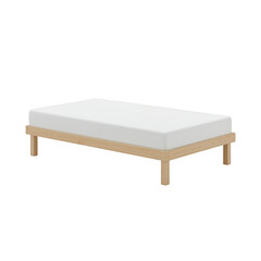 Minimalist wooden bed frame with white mattress isolated on transparent background