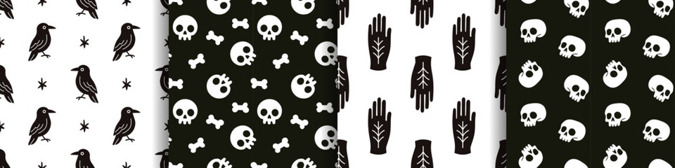 Vector cute halloween seamless pattern set with skulls, hands, crows and bones. Simple spooky halloween designs for wrapping paper, wallpaper, textile, party and gothic decor. Scary collection.
