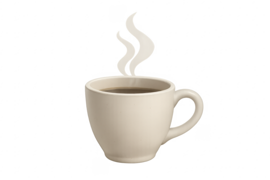 Coffee mug with hot steaming beverage on transparent background