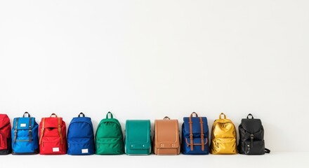 Colorful backpack collection against white background for fashion and travel design inspiration