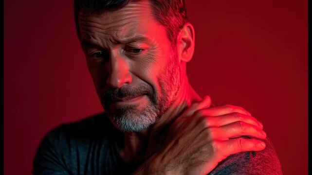 Close-up of a middle-aged man holding his shoulder in pain with eyes closed. Concept for muscle injury, arthritis, joint pain, stress, or health problems. Useful for medical and wellness content.