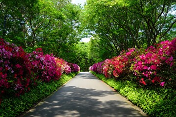 Obraz premium Pathway lined with colorful azalea bushes