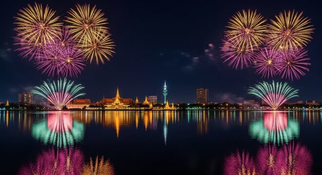 Vibrant fireworks display over city waterfront at night - Powered by Adobe
