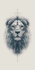 Minimalistic Illustration of a Lion Head with a Cross in the Background