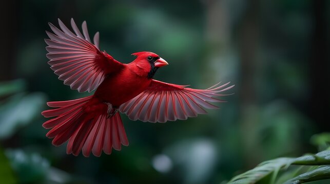 Red cardinal bird flying over a tranquil forest in mist, wings glowing softly, symbolizing peace, faith, spiritual rebirth, and the natural embodiment of hope through seasonal change. cinematic