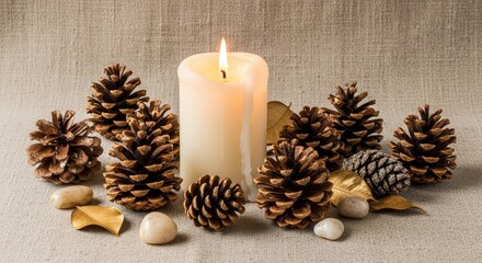 Autumn candle display with pine cones and stones for seasonal decor and warm ambiance