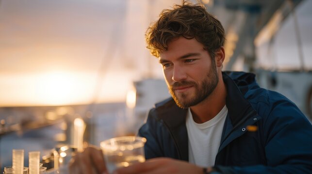 A marine biologist aboard a research vessel collecting water and plankton samples demonstrates scientific exploration, environmental monitoring, oceanographic research, and the specialized