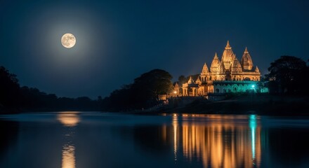 Moonlit temple reflections on riverbank at night for tranquil atmosphere and scenic wall art