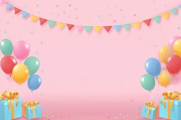 Festive pink birthday celebration background with colorful balloons gift boxes and bunting flags for party events