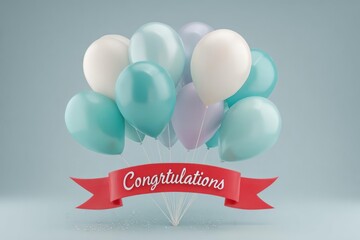 A festive cluster of pastel blue and white balloons floats gracefully above a red ribbon banner displaying the word congratulations