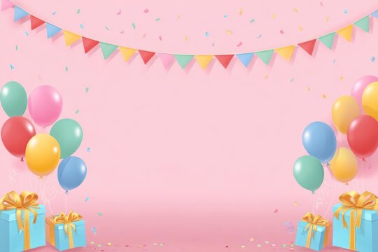 Festive pink birthday celebration background with colorful balloons gift boxes and bunting flags for party events