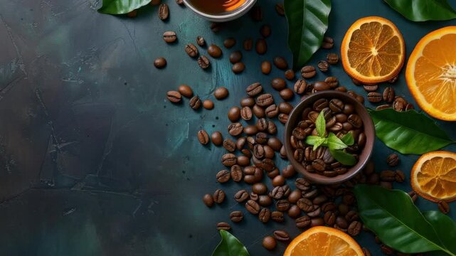 A charming tableau of coffee beans with citrusy orange slices and aromatic bay leaves.