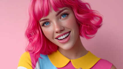 Captivating young woman with vibrant pink hair and striking blue eyes, radiating pure joy and a retro-futuristic charm.