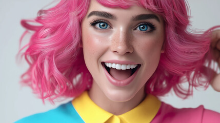 Captivating young woman with vibrant pink hair and striking blue eyes, radiating pure joy and a retro-futuristic charm.
