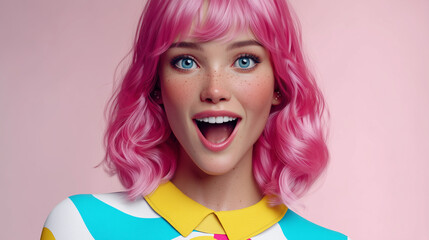 A close-up portrait featuring a playful expression, freckles, and a bold, colorful aesthetic, embodying digital pop art trends.