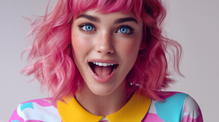 A close-up portrait featuring a playful expression, freckles, and a bold, colorful aesthetic, embodying digital pop art trends.