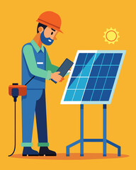 A technician using a specialized tool to test the efficiency of individual solar panels and make necessary repairs.. Vector illustration