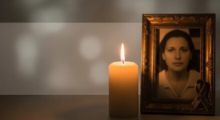 Remembrance candle and framed photograph memorial scene with ribbon