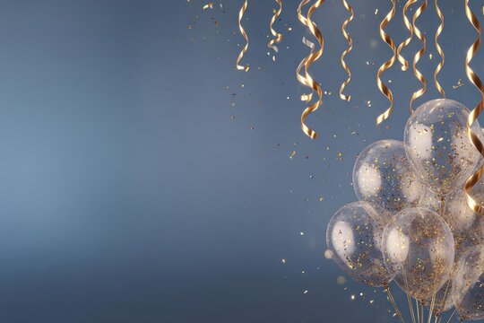 Festive metallic balloons and golden streamers adorn a dark blue background creating a celebratory atmosphere
