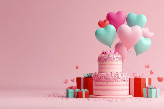 Festive birthday celebration with pink cake heart balloons and gift boxes on a soft pink background