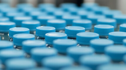 Obraz premium Rows of Vials with Caps: A focused shot of numerous glass vials, each topped with a light blue cap, arrayed in organized rows, highlighting depth of field in manufacture.